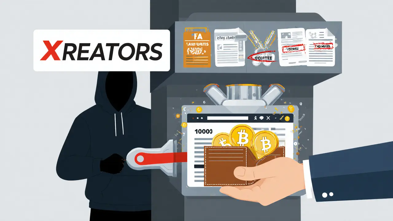 A person reaches for a fake crypto website while a shadowy figure pulls a scam machine, spitting out fake documents and bots.