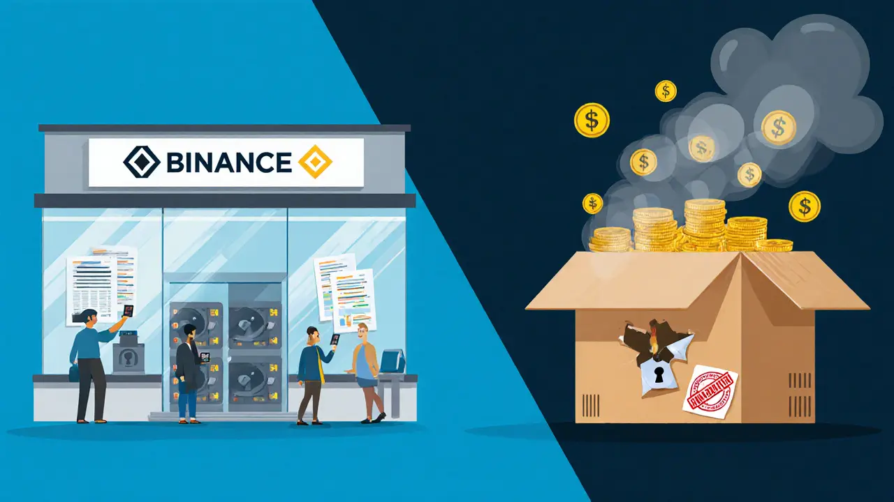 A transparent trusted exchange contrasts with a flimsy Nivex box where users are trapped as money turns to smoke.