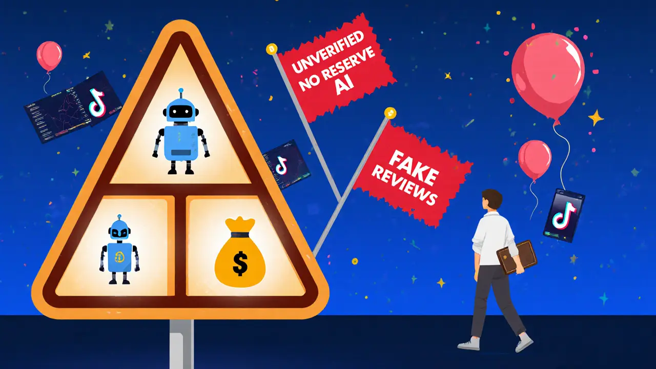 A warning triangle with red flags for unverified AI and no reserves, as a person walks away with a hardware wallet.