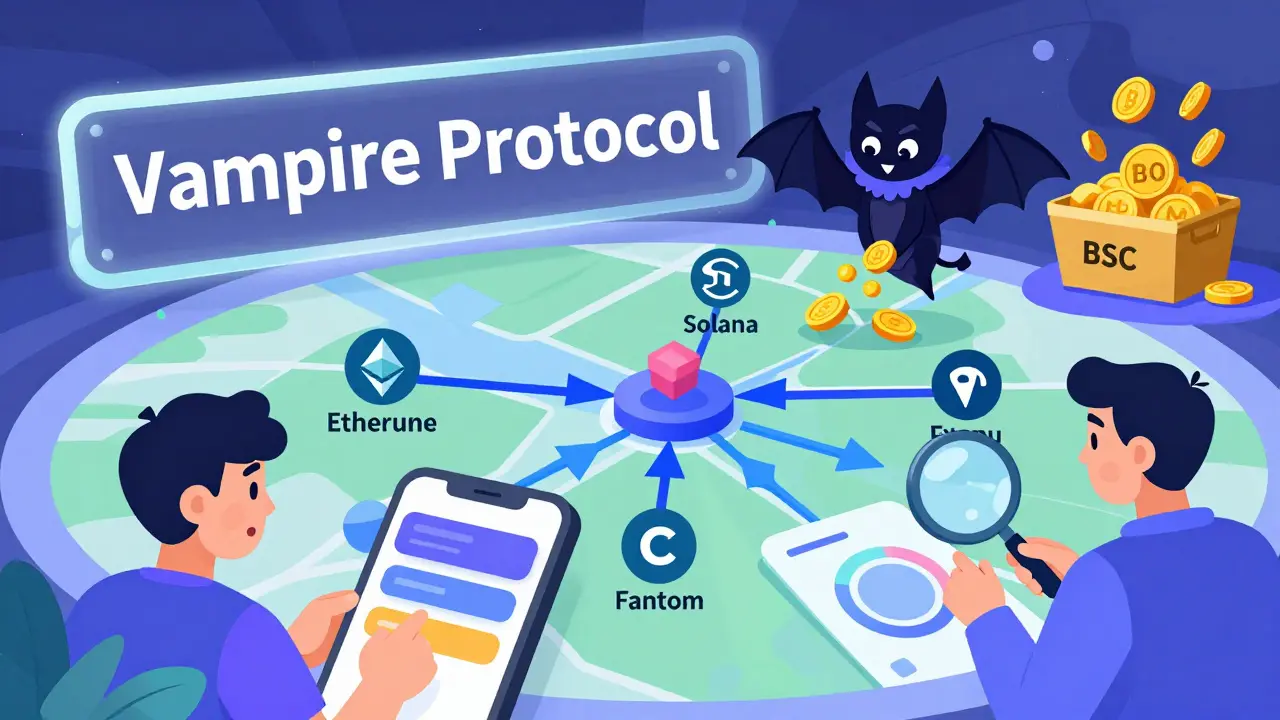 Cartoon map of blockchains being drained by a BOO token vampire bat, with a confused beginner and expert trader at a dashboard.