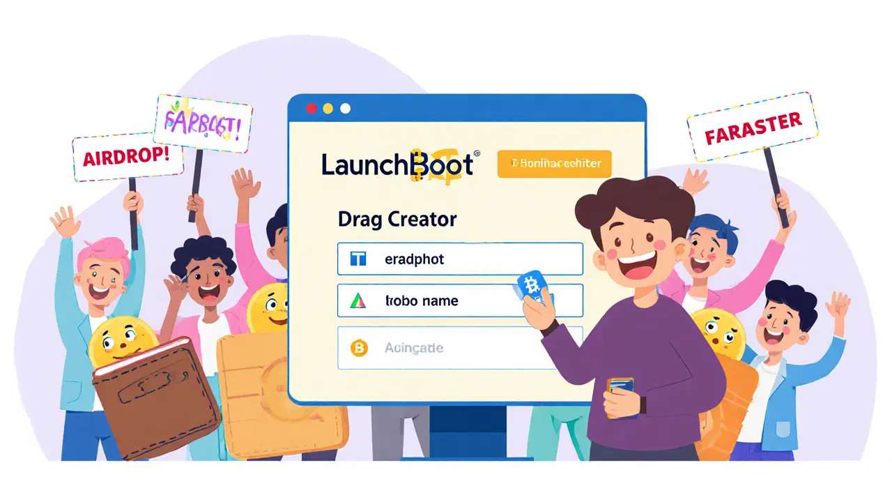 Creator using simple TokenBot interface to launch a token with happy community in background