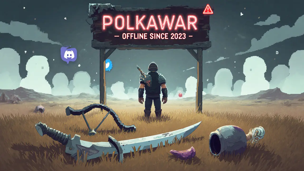 Deserted digital battlefield with broken NFT weapons and a lone warrior avatar under an &#039;Offline Since 2023&#039; sign