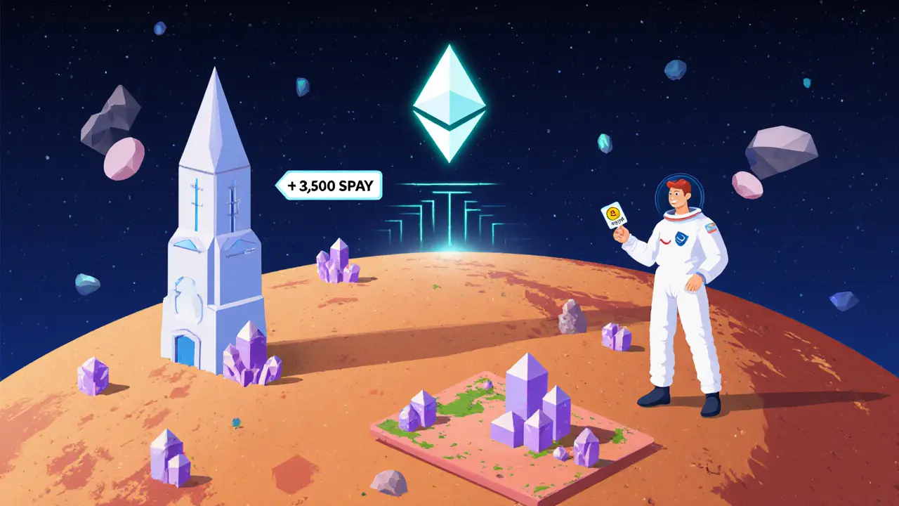 Digital marketplace on Mars showing NFT towers and resources being traded between cartoon avatars.