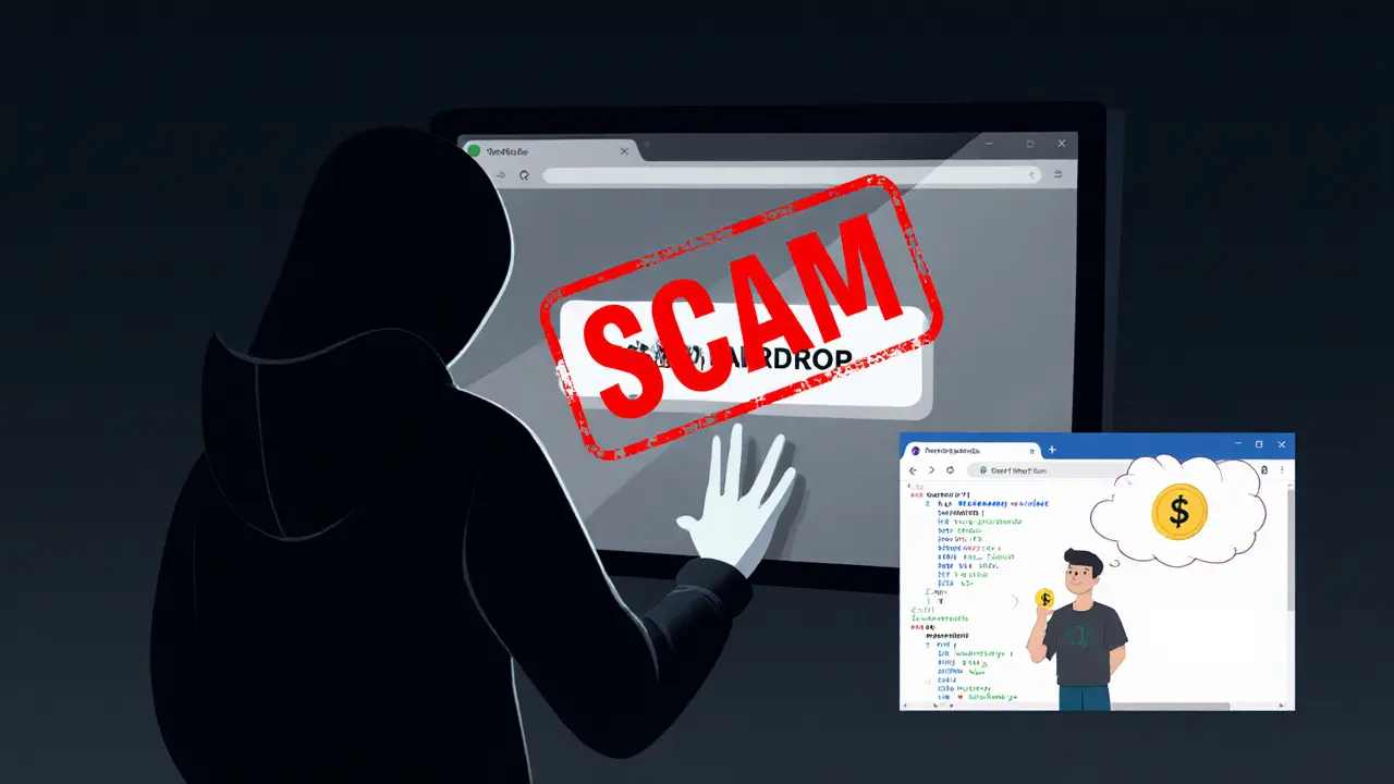 Hooded scammer reaching for wallet while real TokenBot tool glows safely beside it