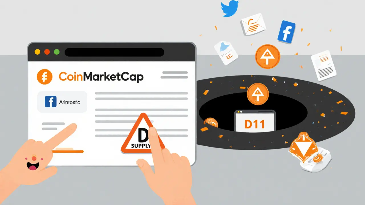 Person clicking fake airdrop button as their wallet drains into a black hole labeled &#039;0 D11 Supply&#039;.