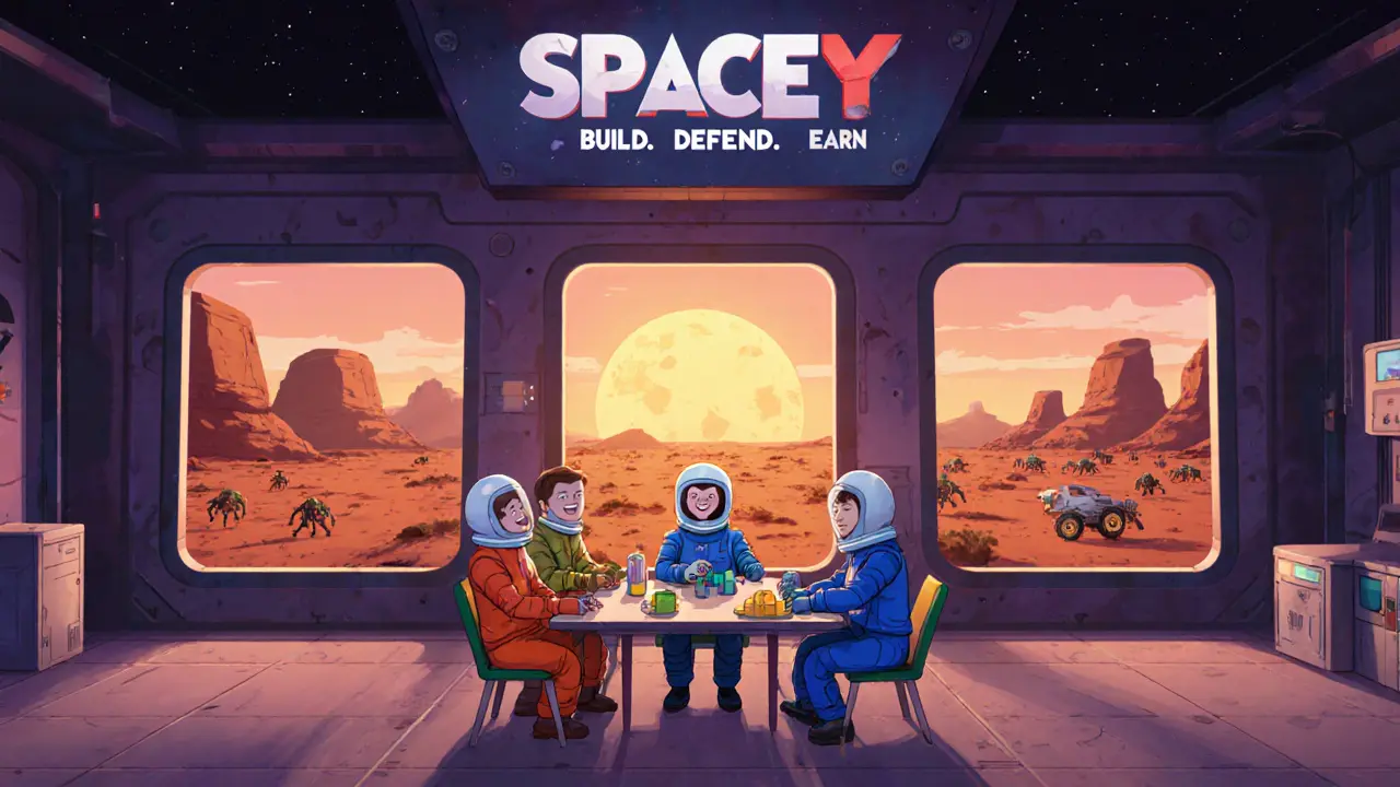 Players gathering at a social hub on Mars, trading and celebrating in a colorful communal base.