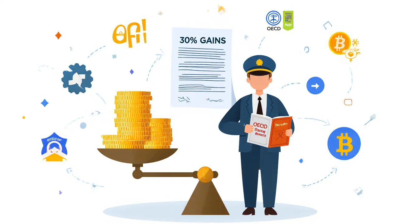 Scale balancing crypto coins and tax document, with OECD CARF rulebook and DeFi icons.
