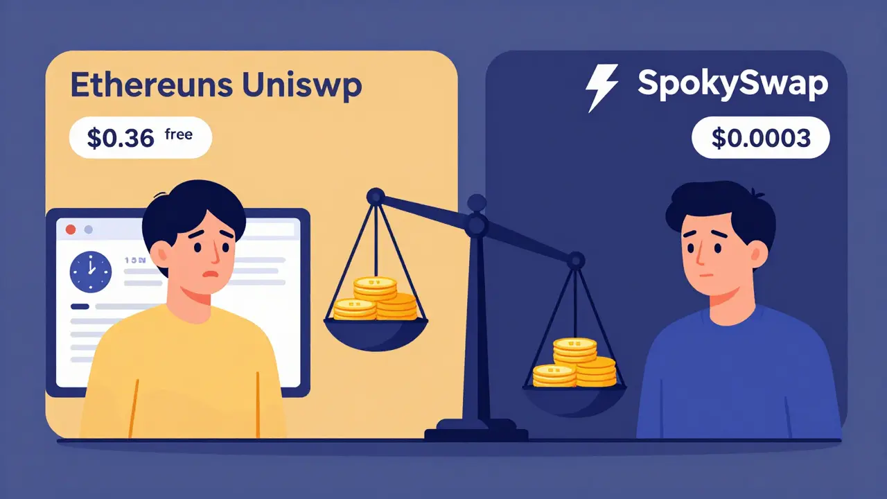Side-by-side cartoon comparison: slow, expensive Ethereum trade vs. fast, cheap SpookySwap trade with a tipping scale favoring SpookySwap.