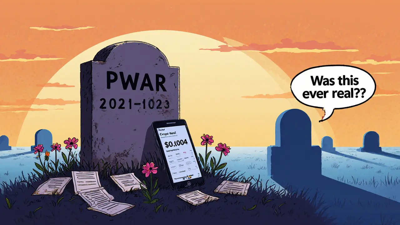 Tombstone marked &#039;PWAR 2021-2023&#039; with empty airdrop forms and a smartphone displaying <h2>What Can You Learn From This?</h2>.00204 price