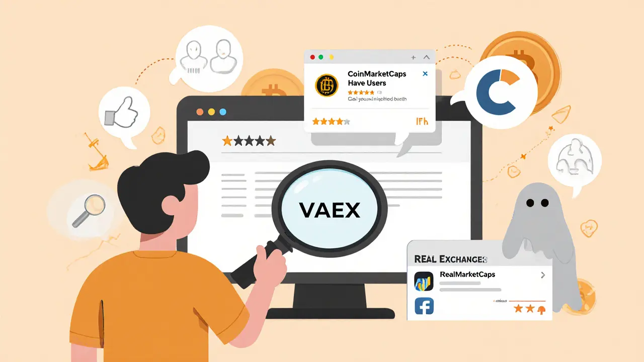 User examining blank VAEX screen surrounded by empty reviews and untracked listing in flat style.