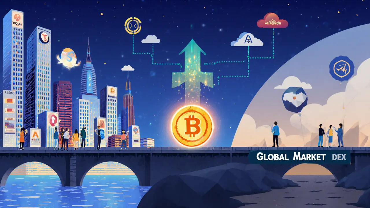 A bridge connecting Asia’s active Tokenlon users to the empty global DeFi market, with LON token and Layer 2 networks above.