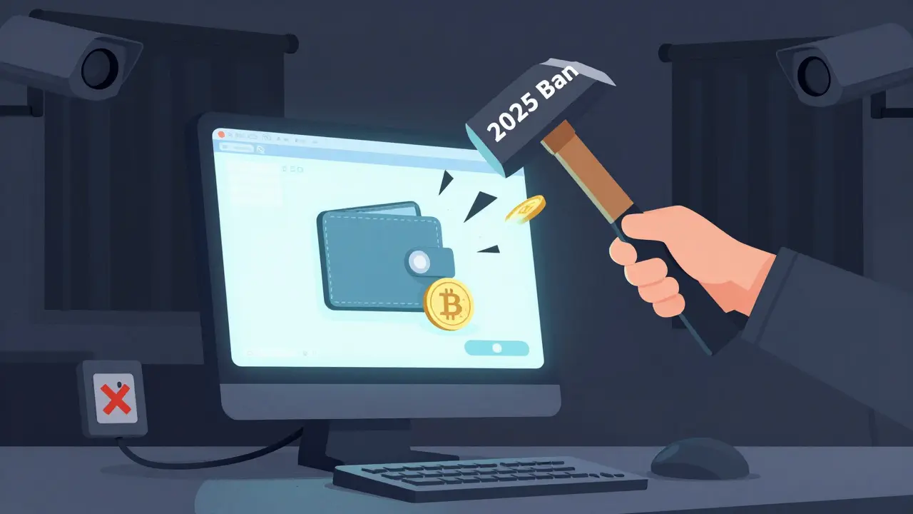 A computer screen with a crypto wallet being smashed by a hammer labeled &#039;2025 Ban&#039;, power outlet marked with X.