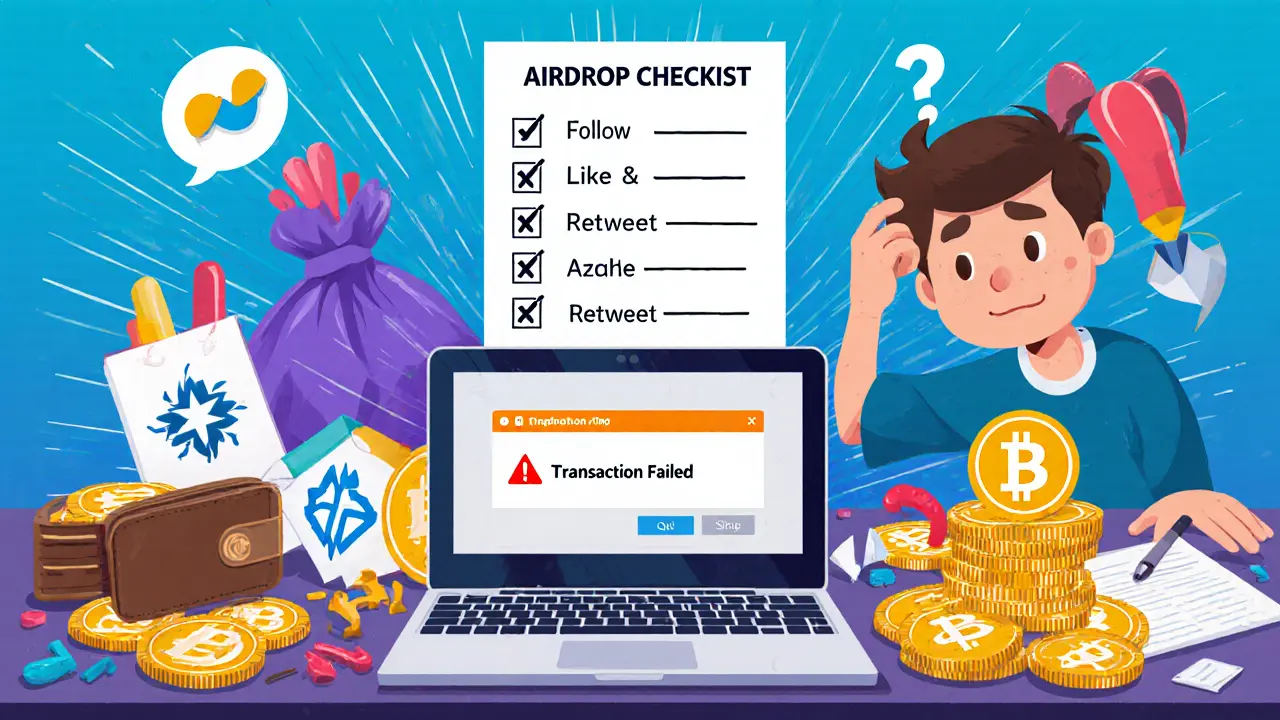 A confused person facing a failed crypto airdrop with wallet errors and scattered BNB coins.