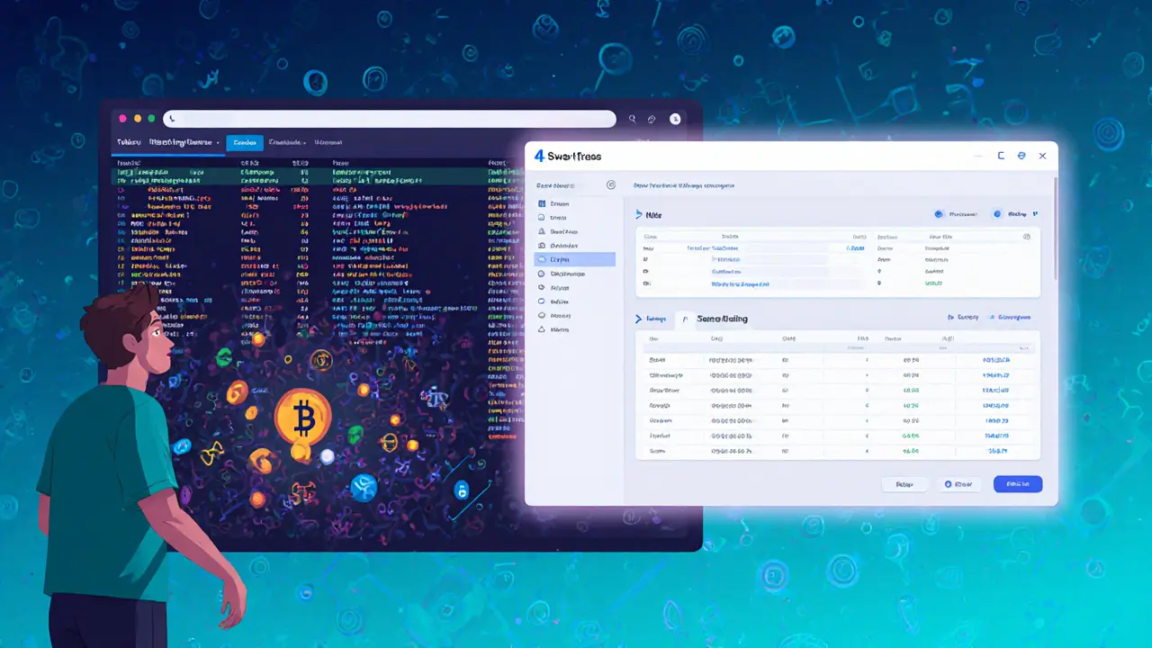 A confused person facing complex blockchain logs while a simple 4swap interface remains unused.