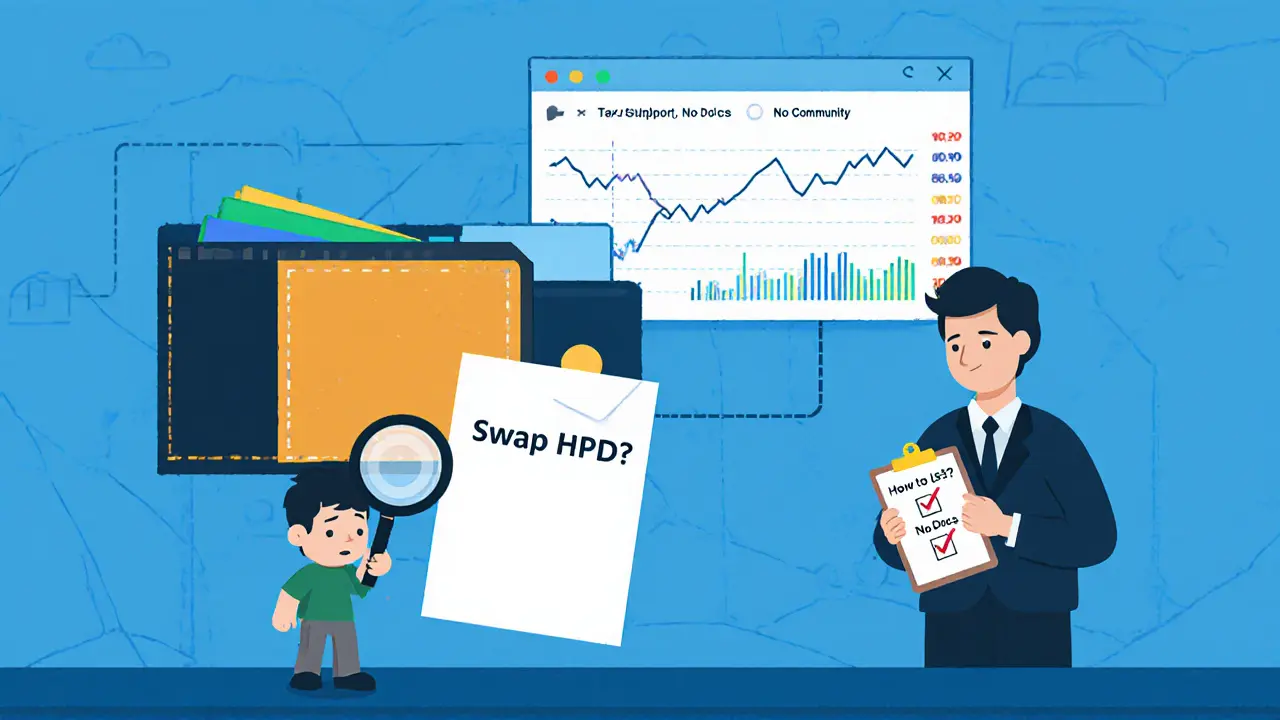 A confused user trying to swap HPD on a barren DEX interface, with tax software silently recording the trade.