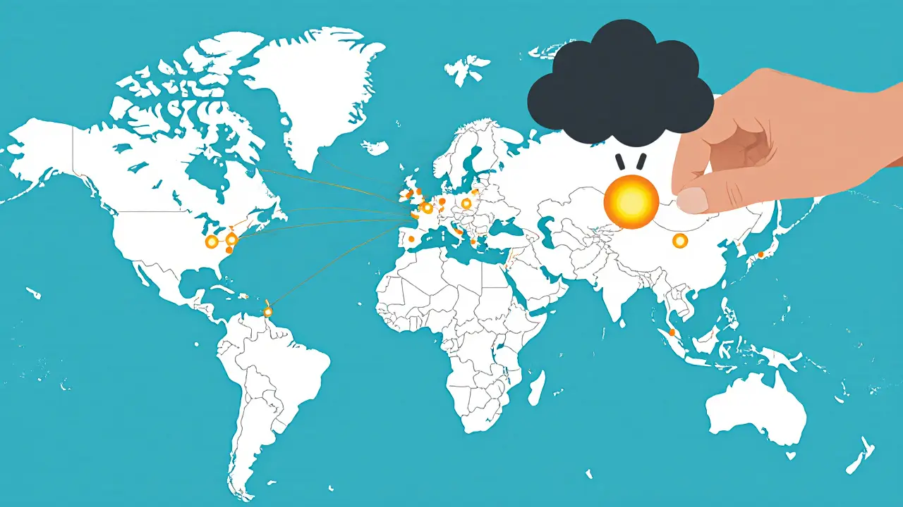 A global map with glowing nodes connected by pulsing lines, showing decentralized network resilience across continents.