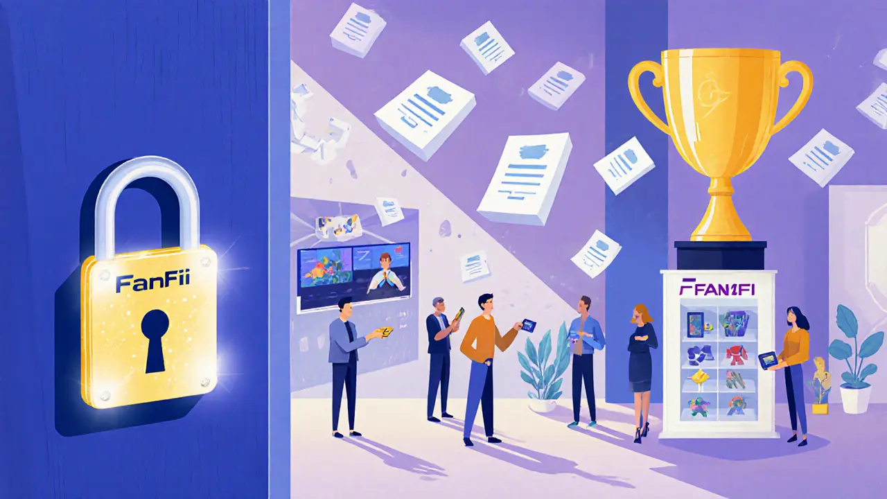 A glowing GEMS NFT key opens a door to FanFi Studio, revealing streamers, voting, and rental gear in a vibrant digital space.