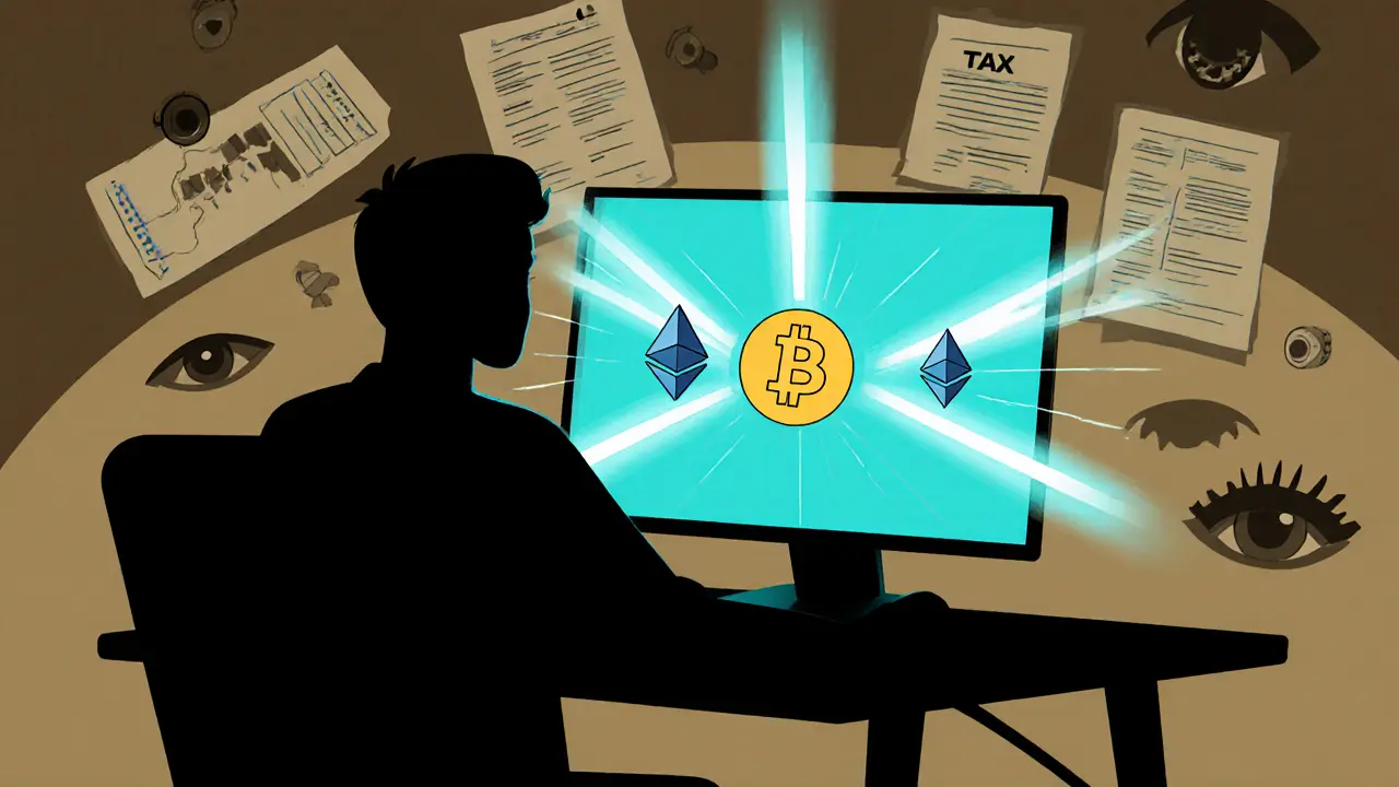 A privacy-focused trader with surveillance and tax forms looming, engaged in a secure peer-to-peer crypto swap.