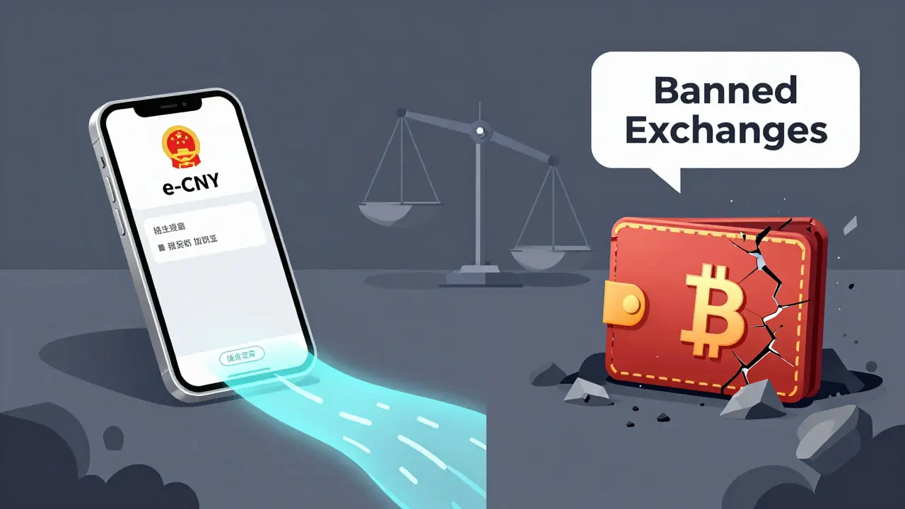 A sleek digital yuan wallet dominates next to a broken Bitcoin wallet, symbolizing China&#039;s state-controlled digital future.