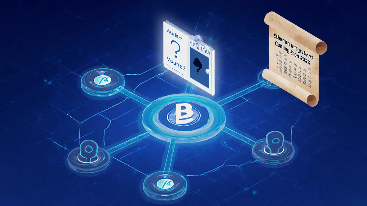 A small, isolated HPB blockchain network with one glowing HPD token and unanswered questions above a locked door.