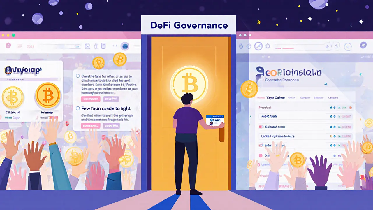 A user holding a LON token as a membership card, voting on DeFi governance changes with clean interface contrasts in the background.