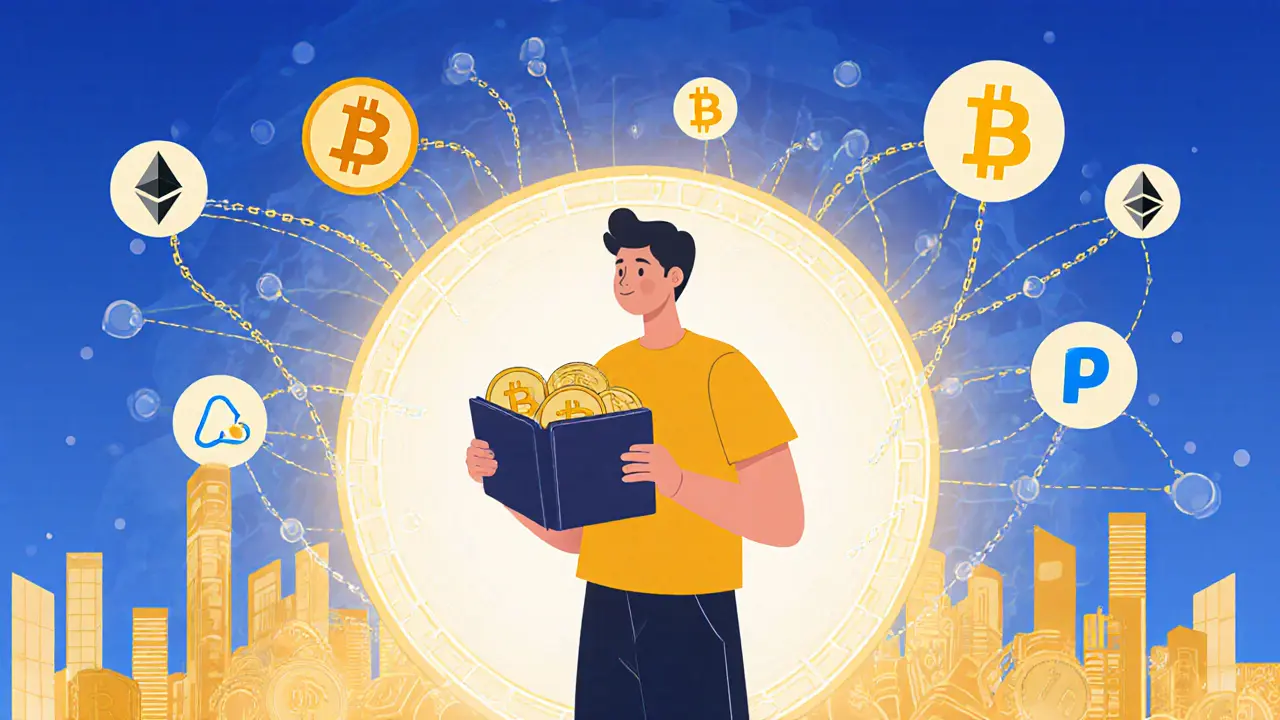 A user standing before a portal where crypto assets flow between different blockchains.