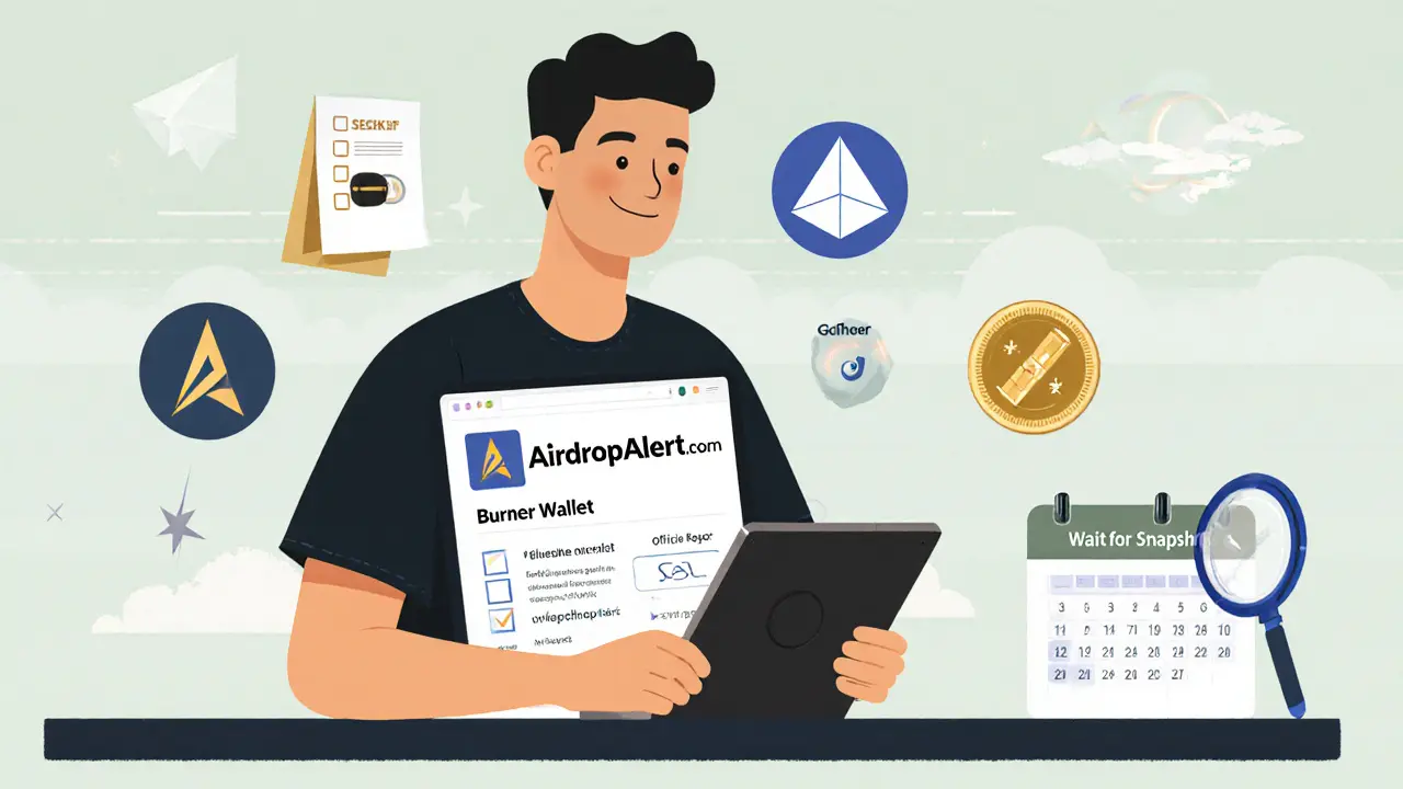 Calm user safely checking verified airdrops on AirdropAlert with burner wallet and checklist.