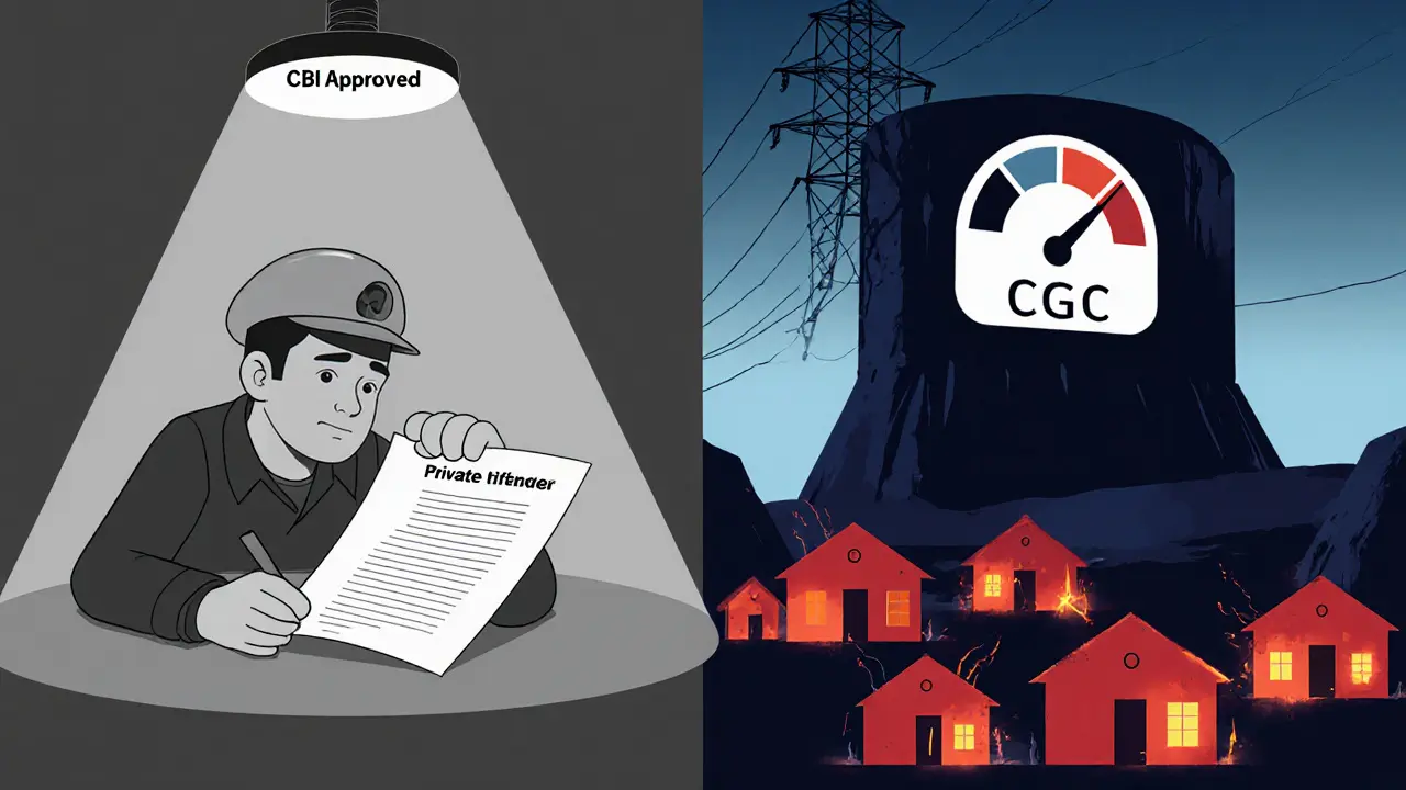 Contrast between regulated private miner and unchecked state-run mining farm with power theft.