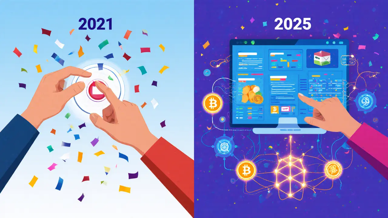 Contrasting 2021 button-click airdrop with 2025 on-chain DeFi interaction and glowing network.