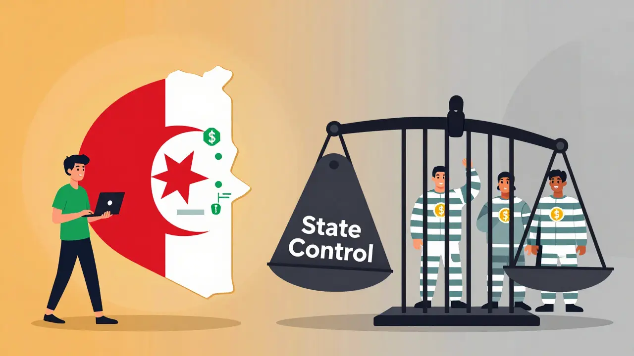 Divided map of Algeria: one side shows tech-savvy youth, the other shows them in prison bars made of crypto symbols.