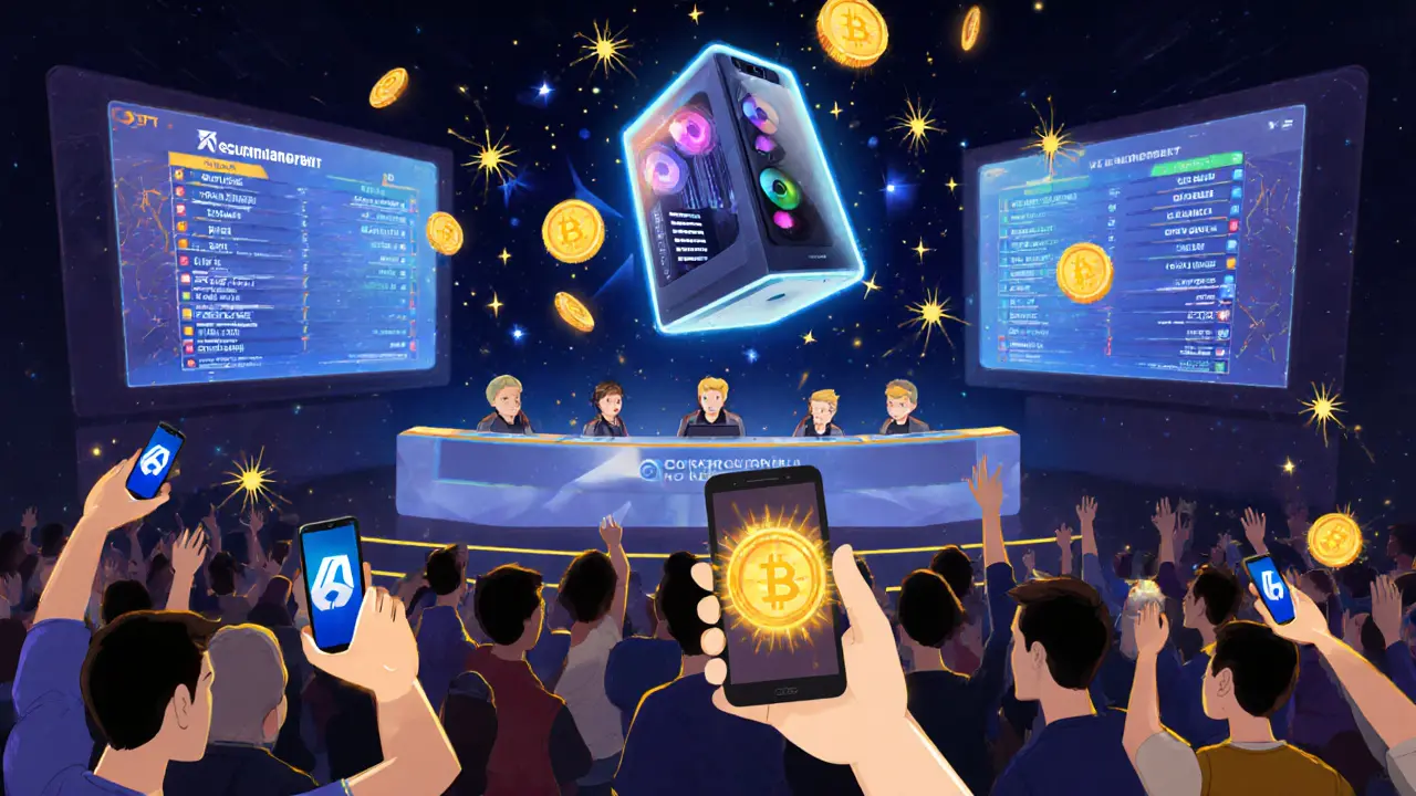 Esports tournament in a high-tech arena with AI judges, players, and fans cheering as a GEMS NFT unlocks a virtual gaming rig.