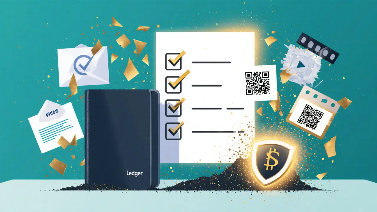 Hardware wallet protected by shield, phishing attempts crumbling around it with verification steps glowing above.