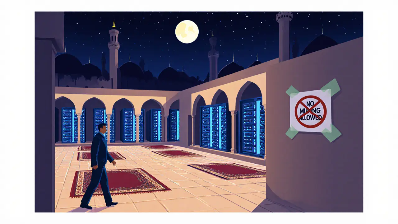 Hidden crypto rigs in a mosque courtyard, unnoticed by inspectors under moonlight.