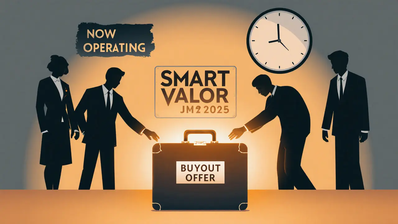 Mysterious briefcase labeled &#039;Buyout Offer&#039; near fading SMART VALOR logo with shadowy figures