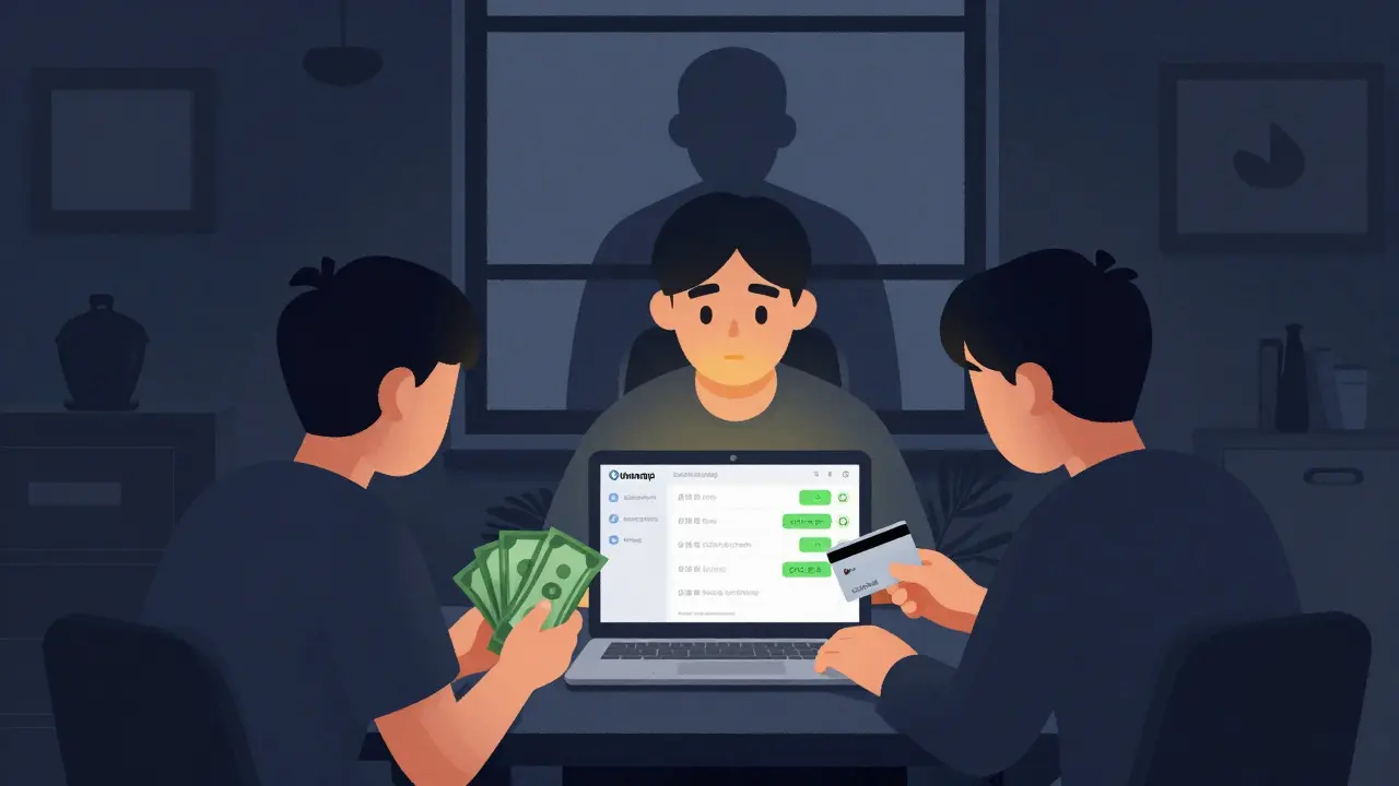 People in a dim room trade crypto using cash and WeChat, under watchful eyes, in an underground P2P setup.