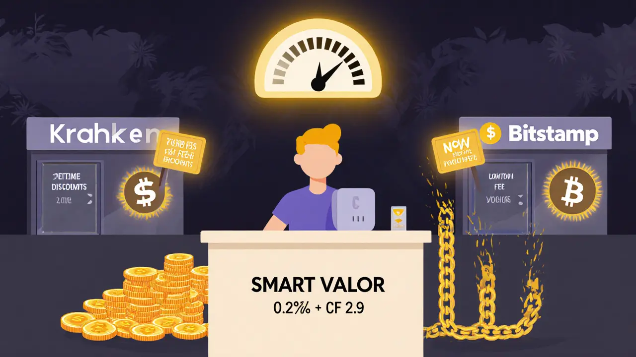 Person at a trading desk with high fee meter draining coins, other exchanges glowing nearby