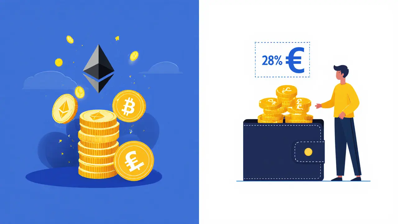 Person staking crypto on one side, converting to euros with tax icon on the other side.