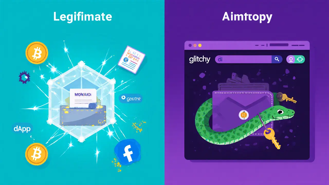 Side-by-side illustration: legitimate airdrop with blockchain transactions vs. scam site stealing private keys.