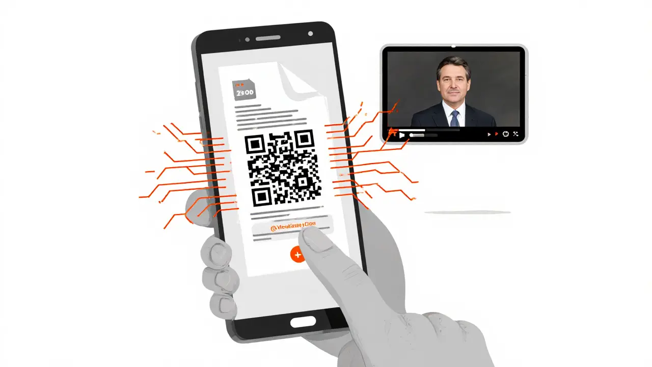 Smartphone showing QR code from PDF leading to malicious wallet, deepfake video playing on tablet in background.