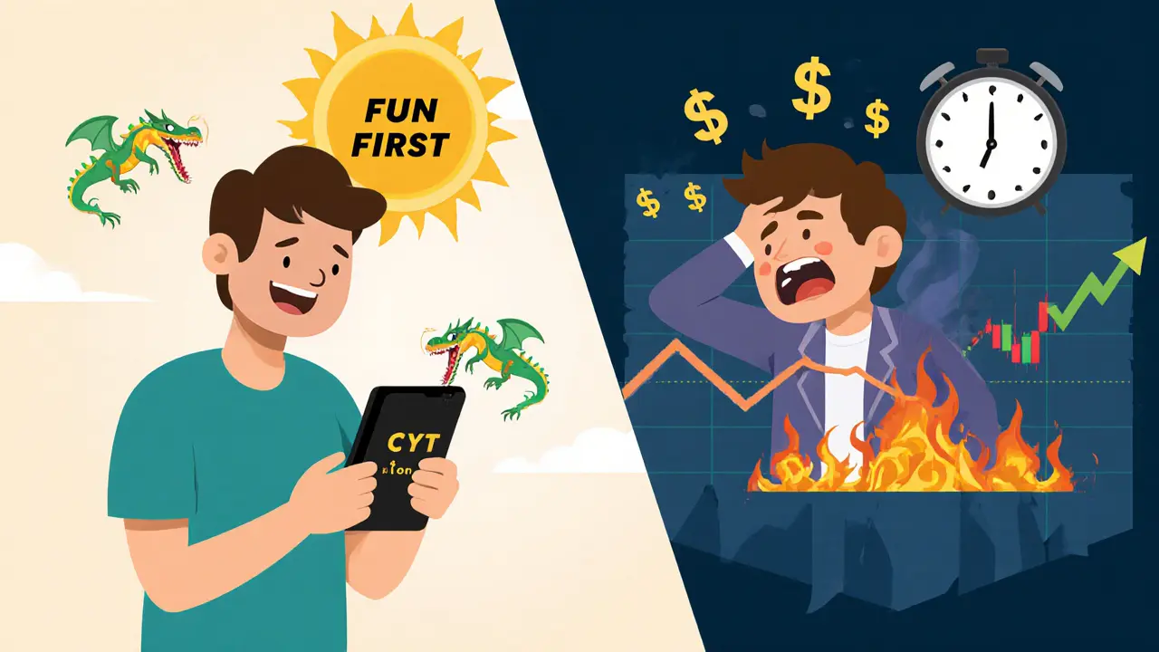 Two paths: a relaxed player enjoying the game vs. a trader selling crashing CYT tokens.