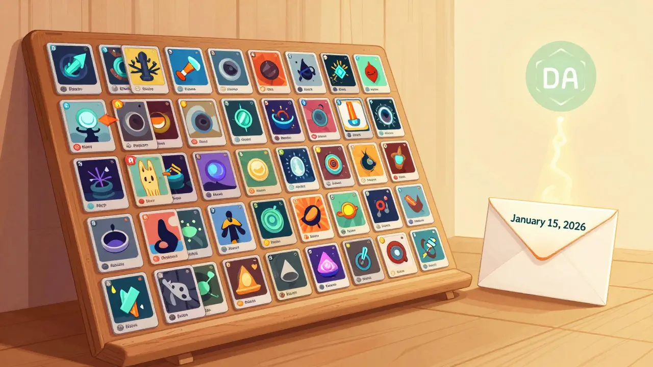 1,000 unique NFTs on a shelf beside an email envelope, hinting at future utility.