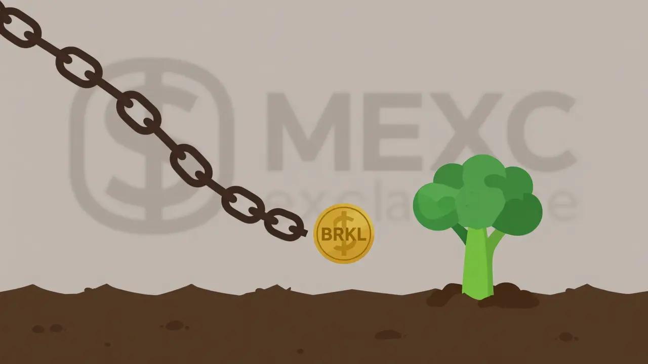 A broken financial chain transforming into a growing broccoli sprout, symbolizing regenerative finance over speculation.