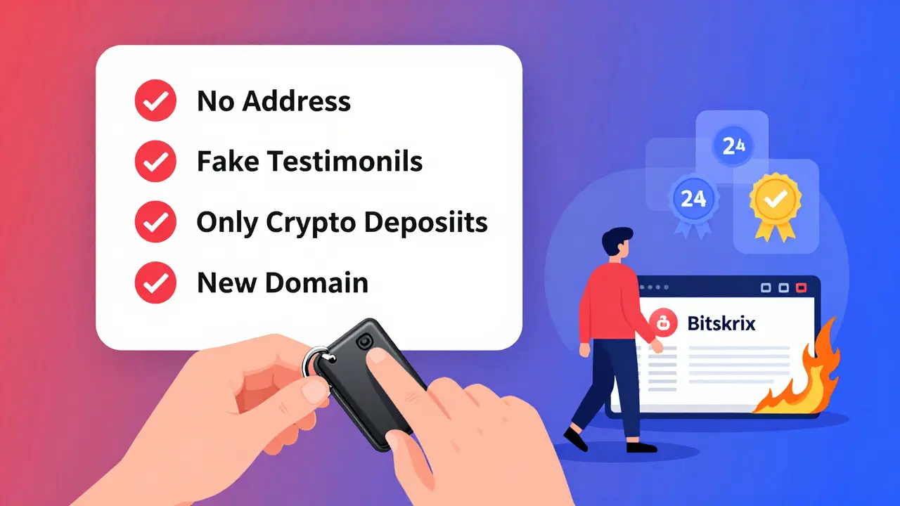 A checklist of crypto scam red flags with a hand safely using a hardware wallet away from a burning fake site.