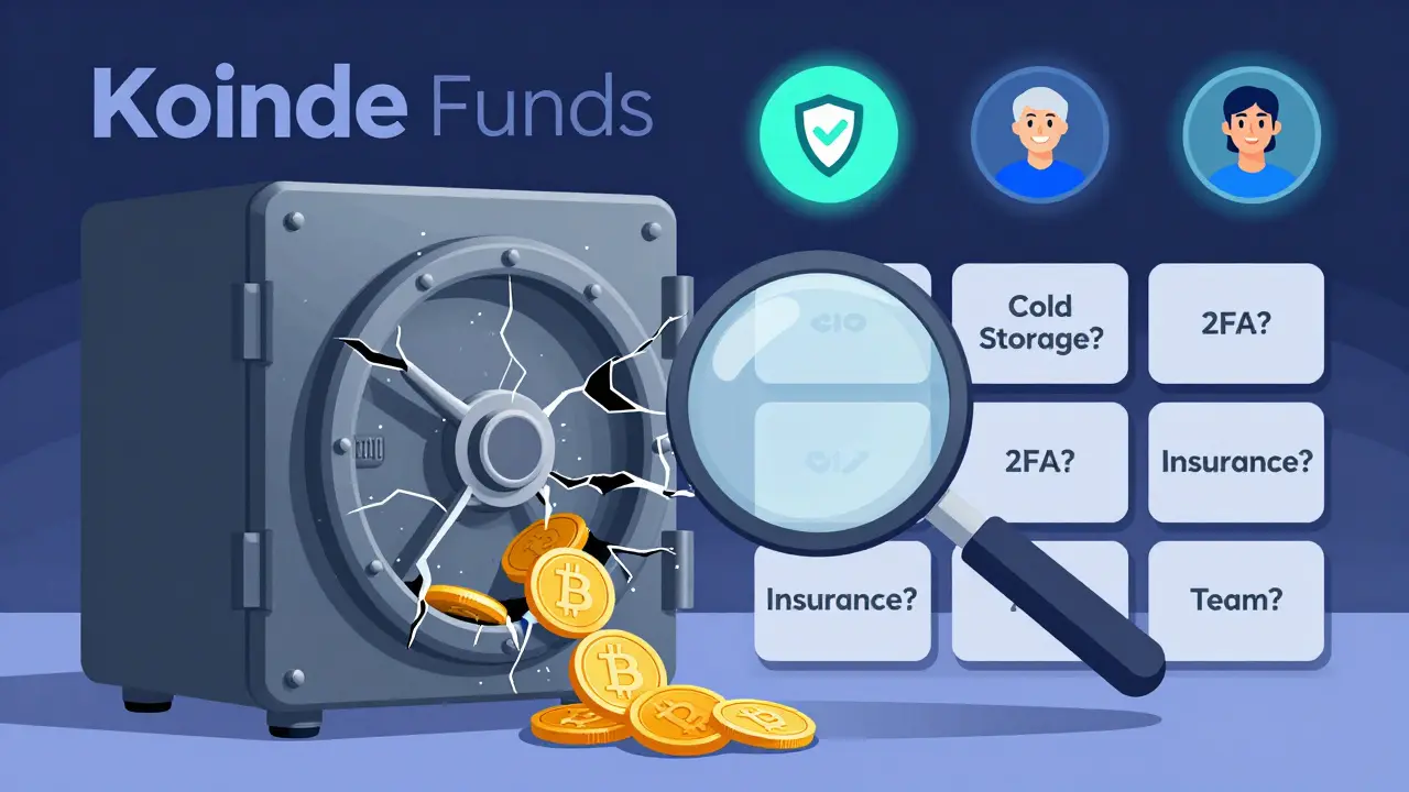 A cracked vault leaking Bitcoin coins with missing security details marked by question marks.