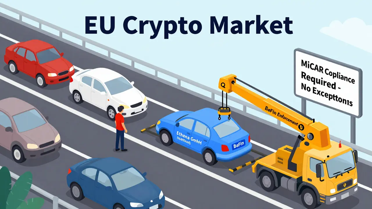 A DeFi vehicle is towed away on a highway labeled &#039;EU Crypto Market&#039; as others check their licenses.