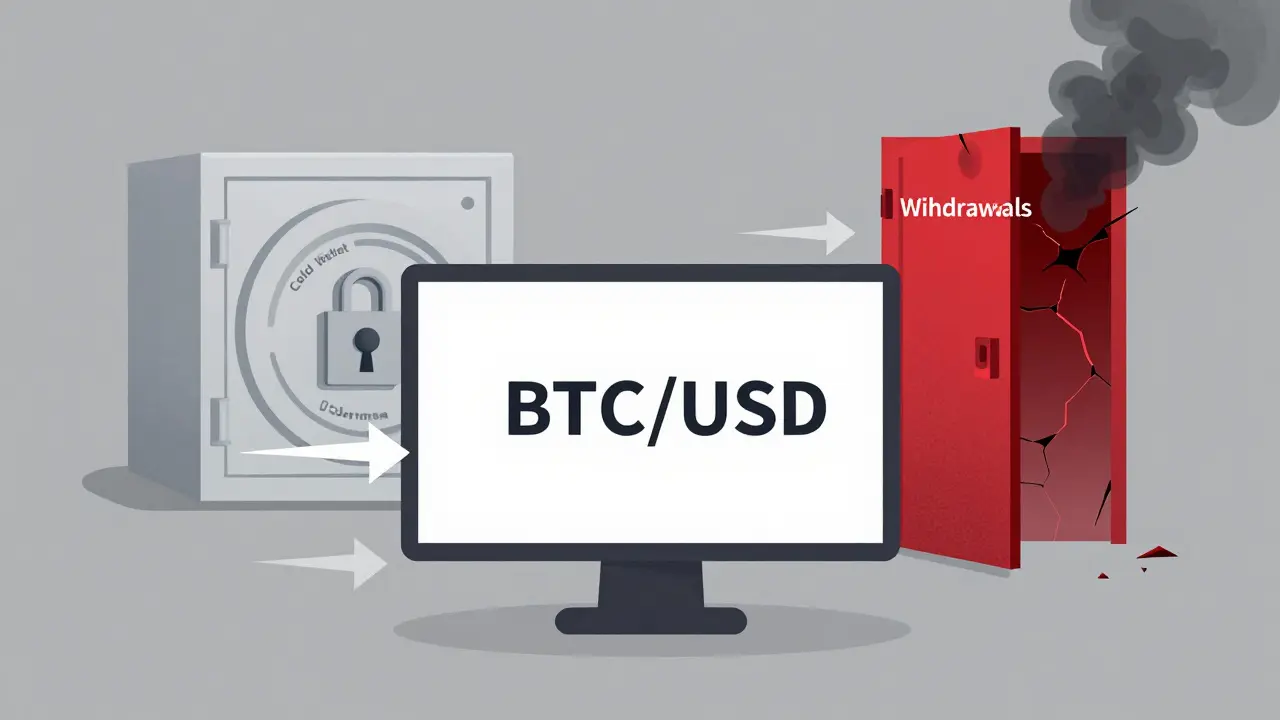 A fast-moving trading interface with a secure cold wallet and a leaking withdrawal door, symbolizing hidden risk.