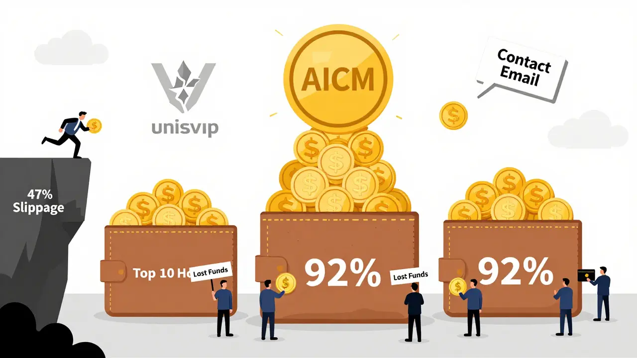 A giant AICM token towers over small investors while most tokens are held by three massive wallets.