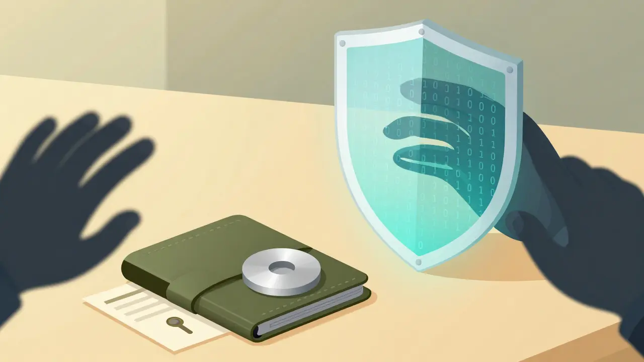 A hardware wallet protected by binary code shield, blocking hacker hands trying to steal it.