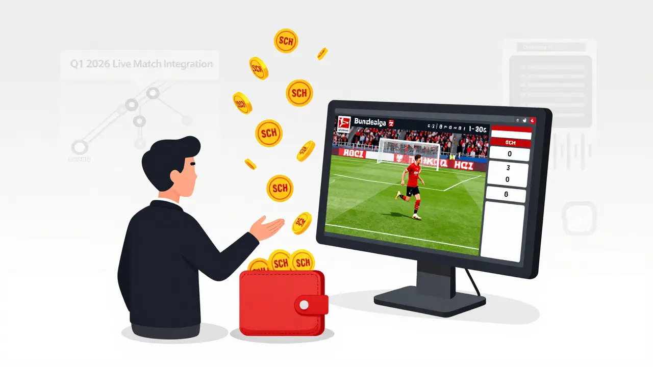 A manager's dashboard shows real-world soccer goals triggering in-game SCH token rewards.
