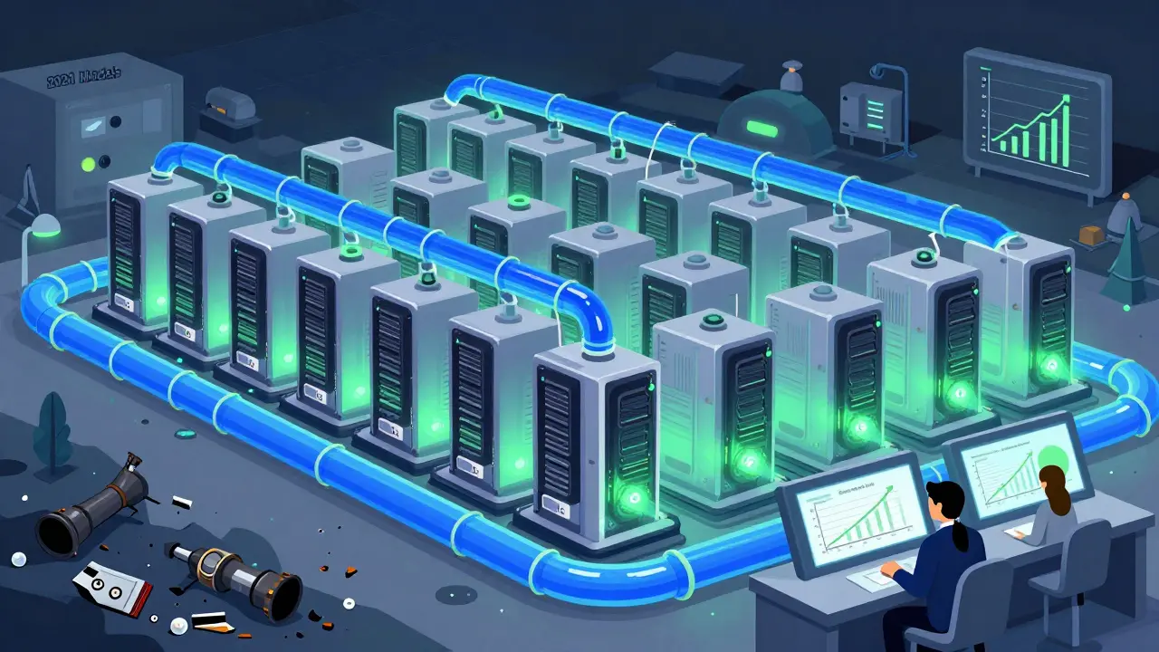 A modern mining farm with liquid cooling under green energy lights, while outdated miners are discarded nearby.